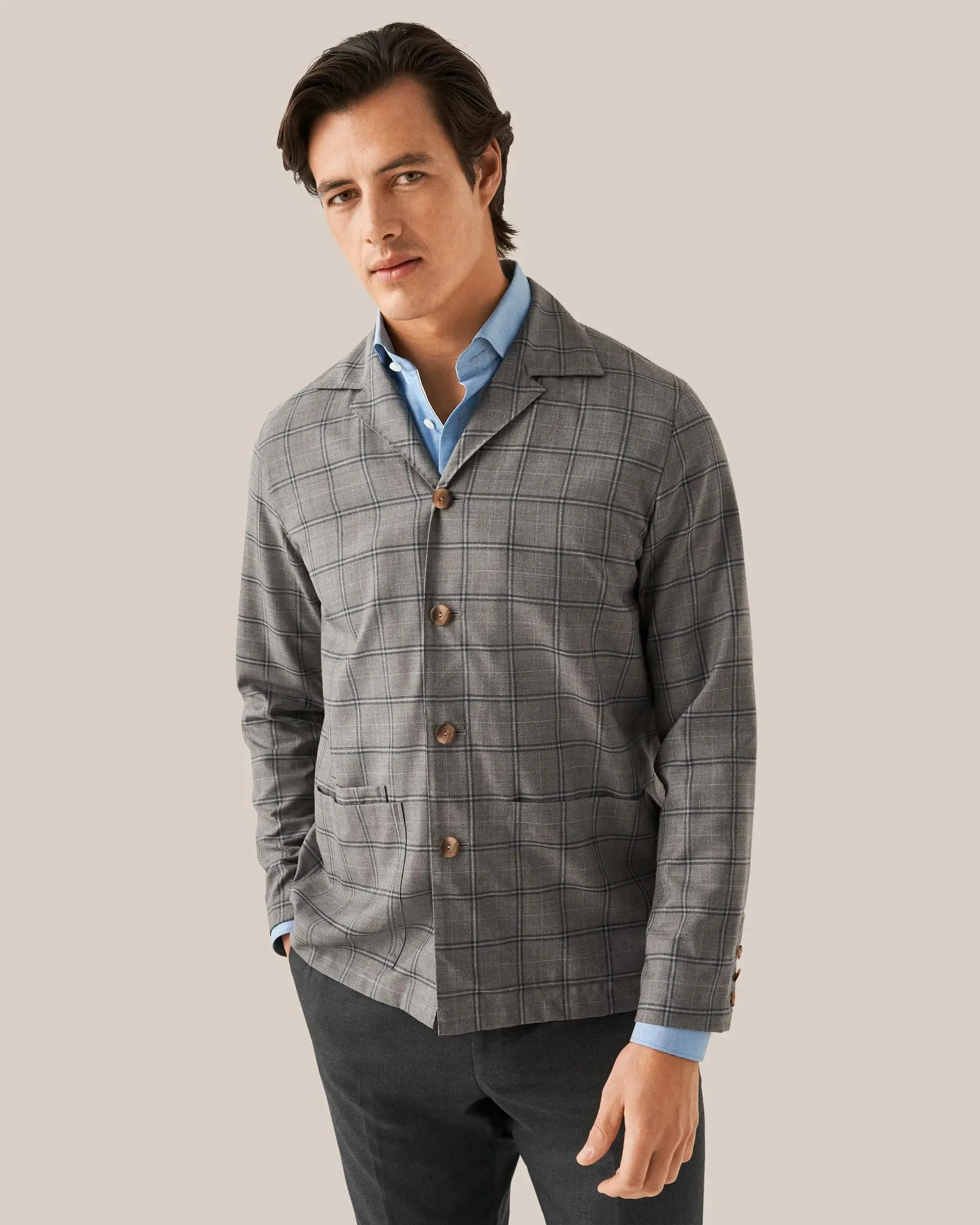Gray Checked Wool Silk Linen Overshirt