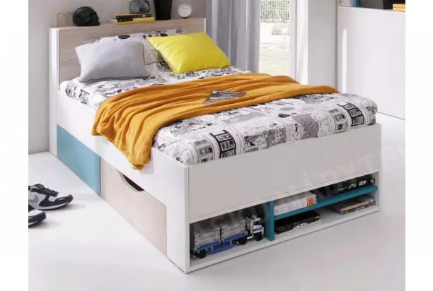 Postel s úložnými prostory Planet, 90x200 cm, dub/bílá/modrá