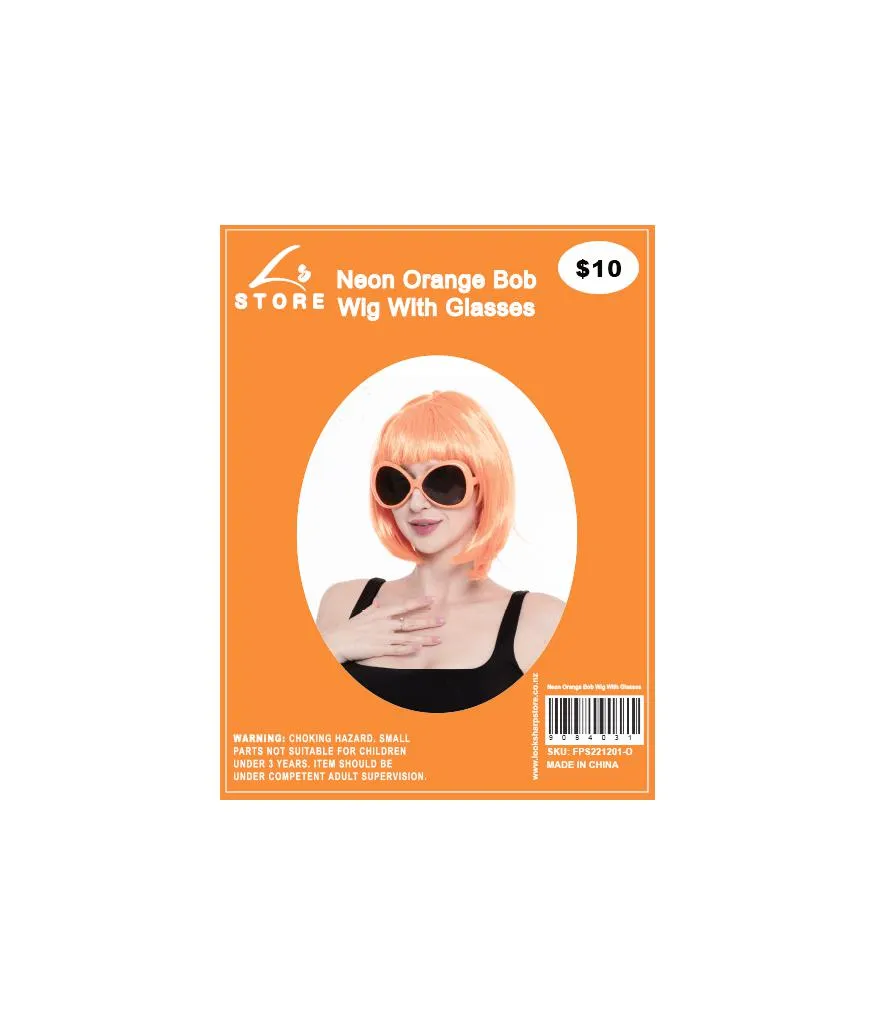 Neon Orange Bob Wig With Glasses Set