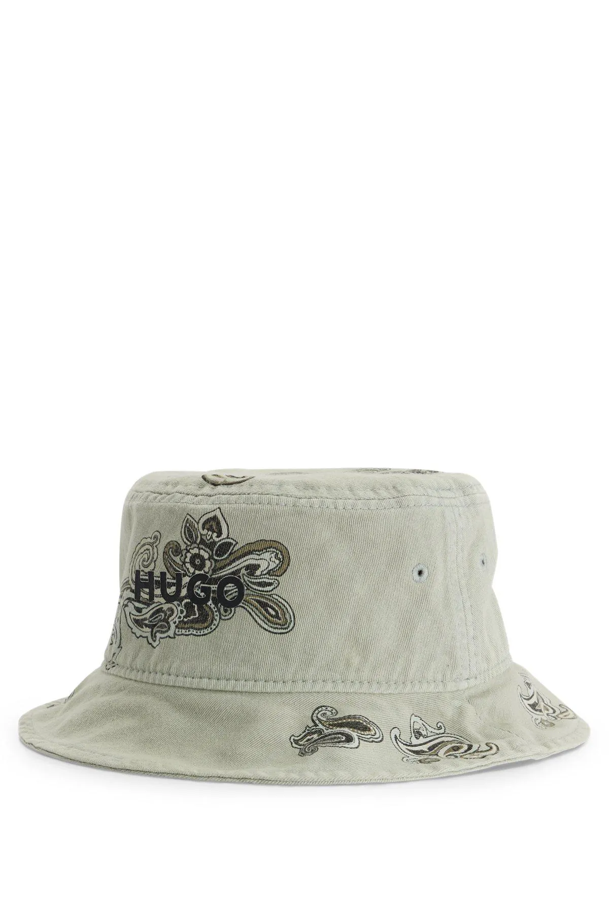 Cotton-twill bucket hat with paisley motif and logo
