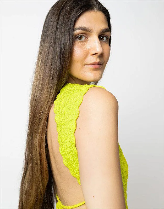 Velvet Crochet Open Back Mini Dress Lime Punch