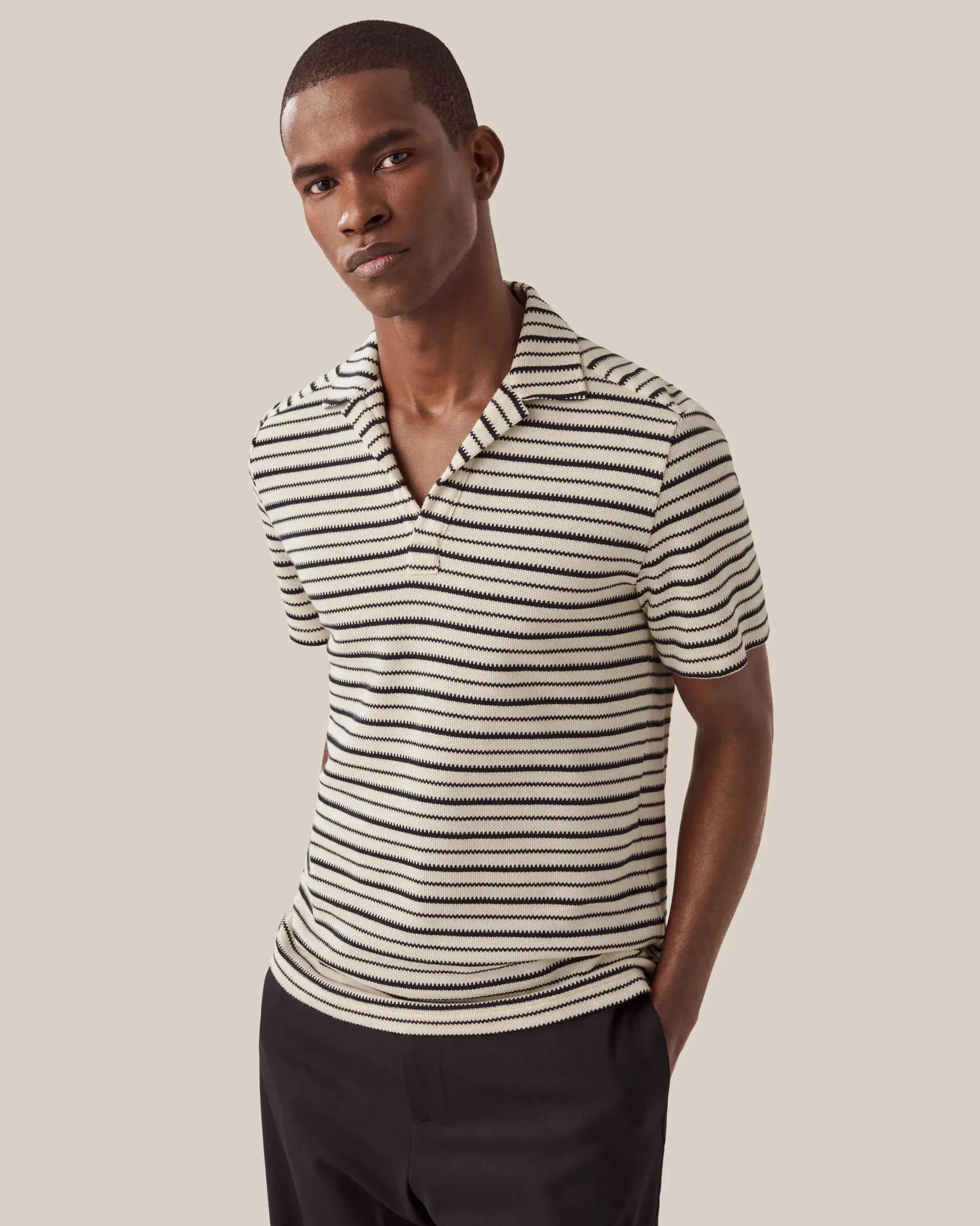 White Striped Piqué Polo Shirt - Short Sleeve