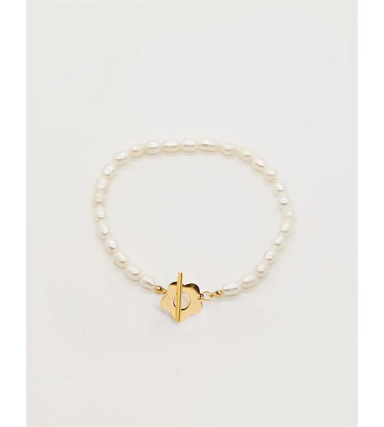 Stella + Gemma Pearl with Fob Gold Bracelet