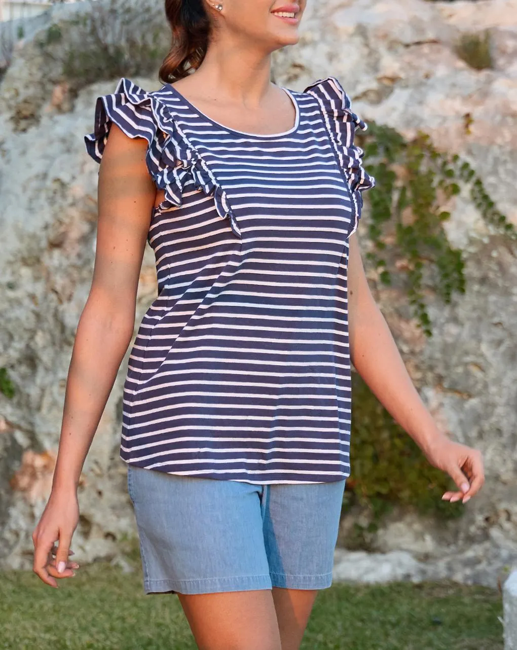 Γυναικείο t-shirt εγκυμοσύνης/θηλασμού ριγέ λευκό/μπλε με βολάν