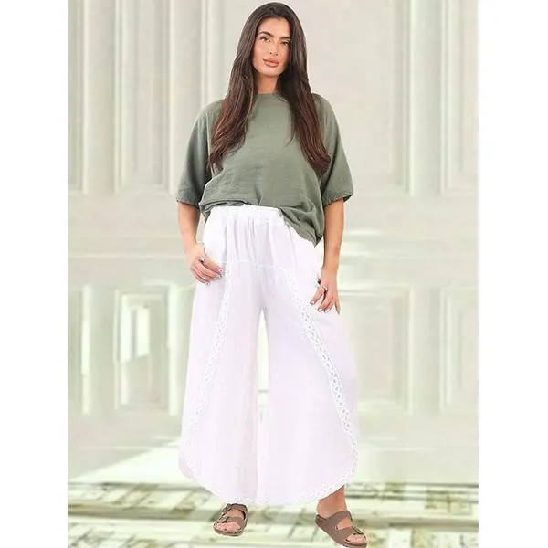 Circle Trim Linen Pants White