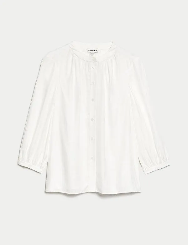 Silk Blend Collarless Blouson Sleeve Blouse