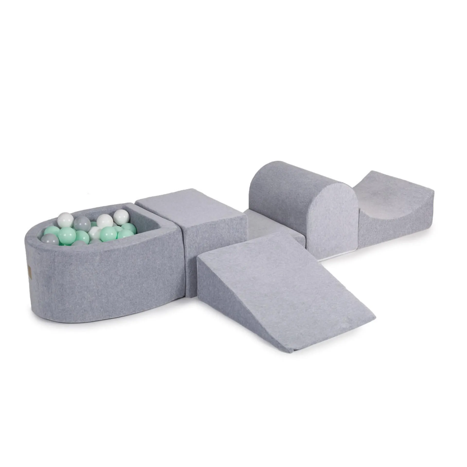Velvet Grey Soft Play Set With Mini Ball Pit - 100 White, Pearl and Grey Balls