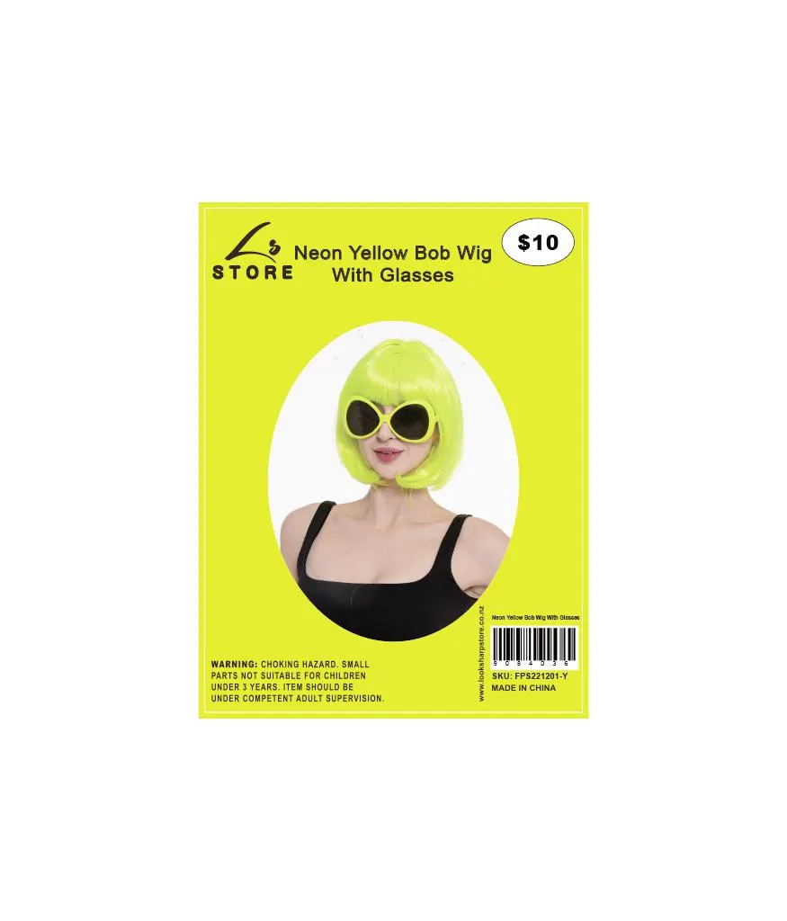 Neon Yellow Bob Wig With Glasses Set