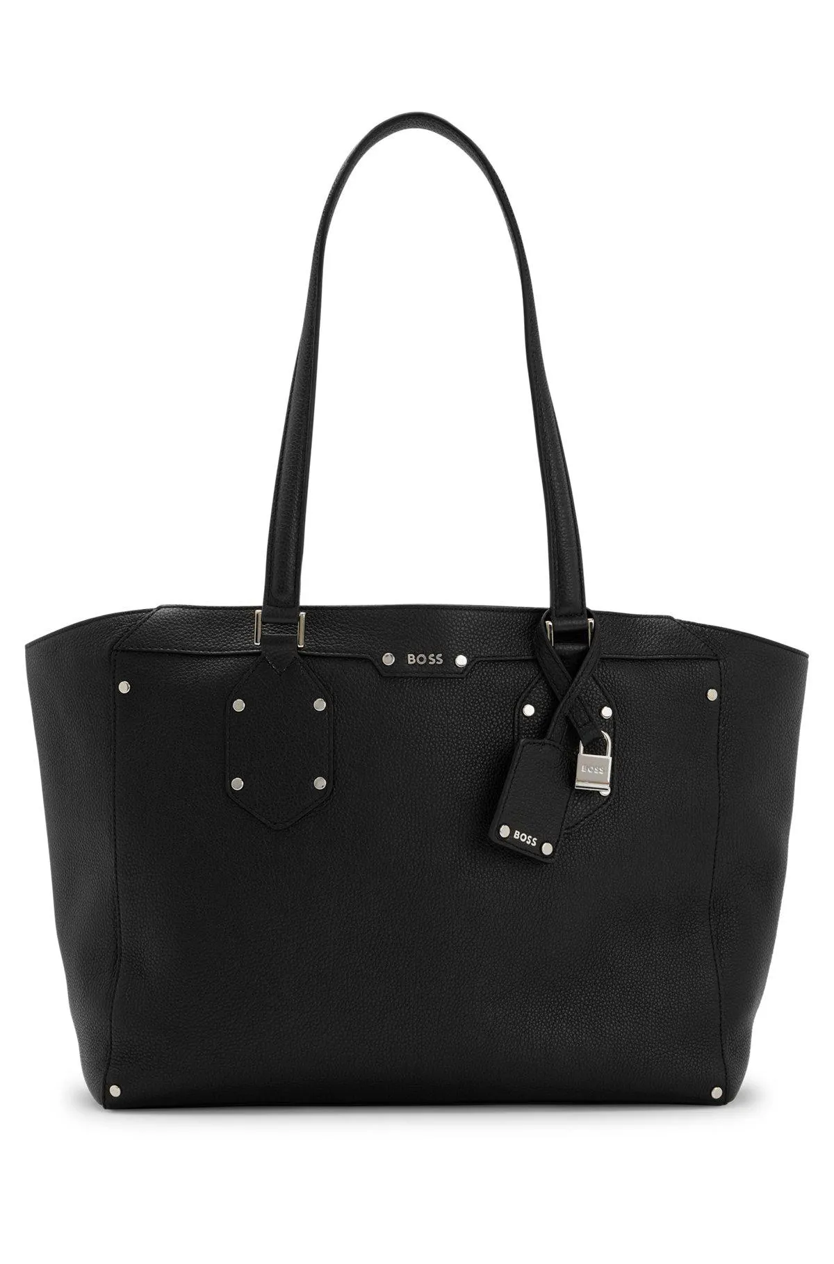 Leather shopper bag with branded padlock