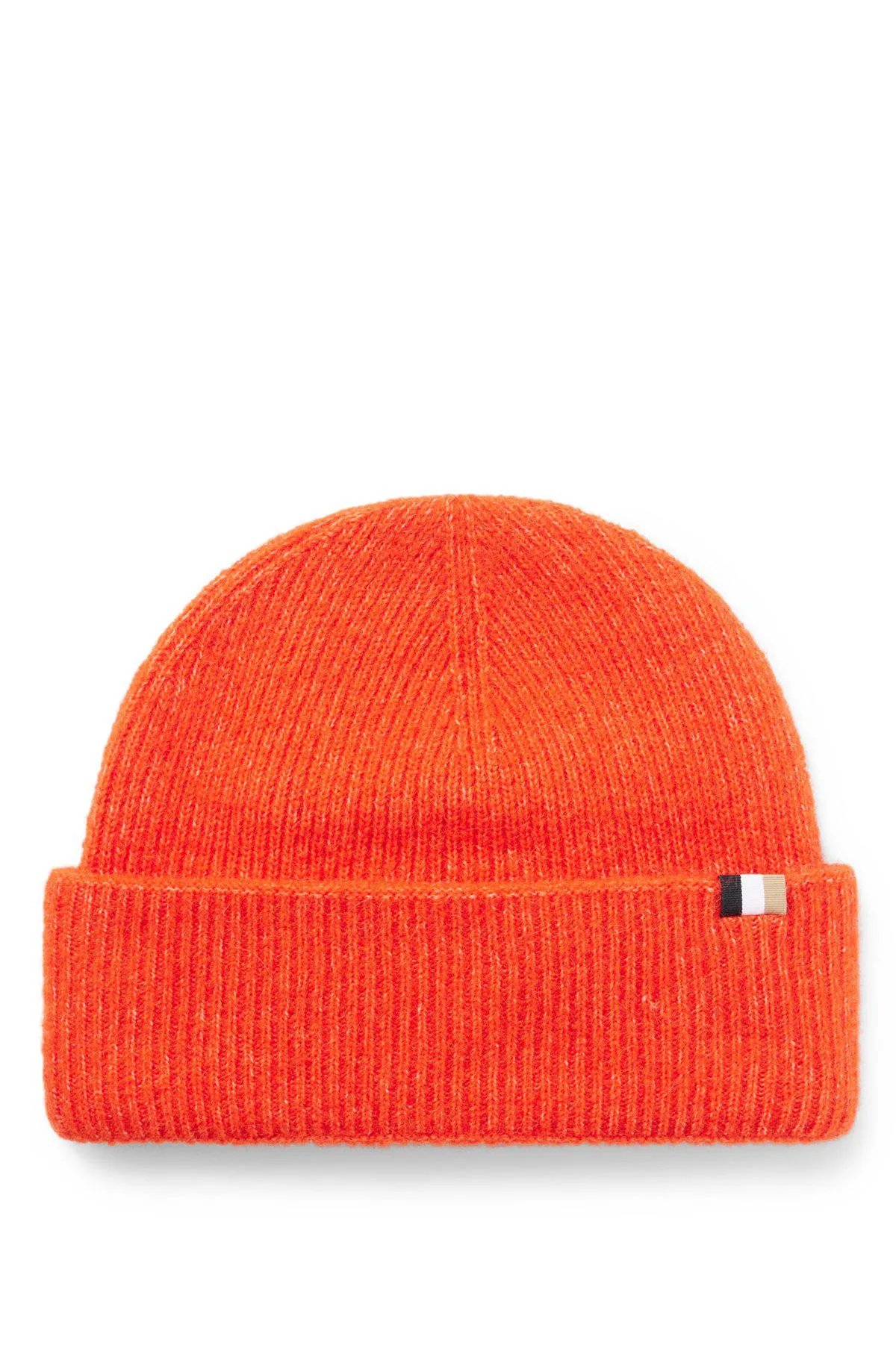 Ribbed beanie in wool blend with signature-stripe flag