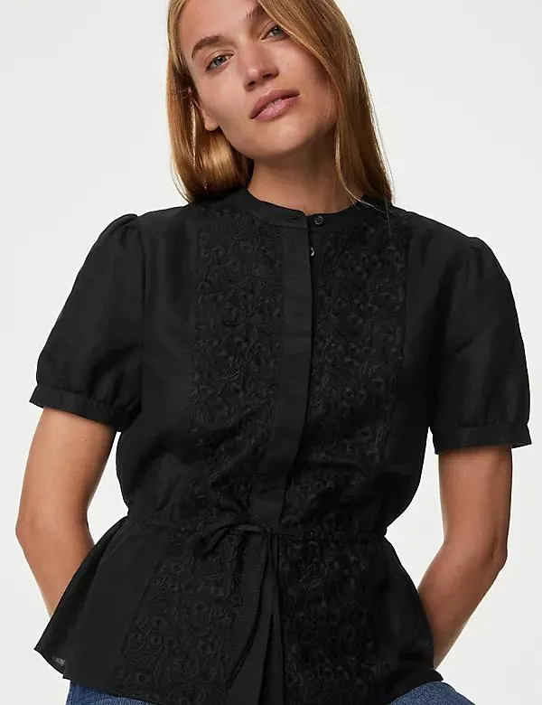 Linen Rich Embroidered High Neck Blouse