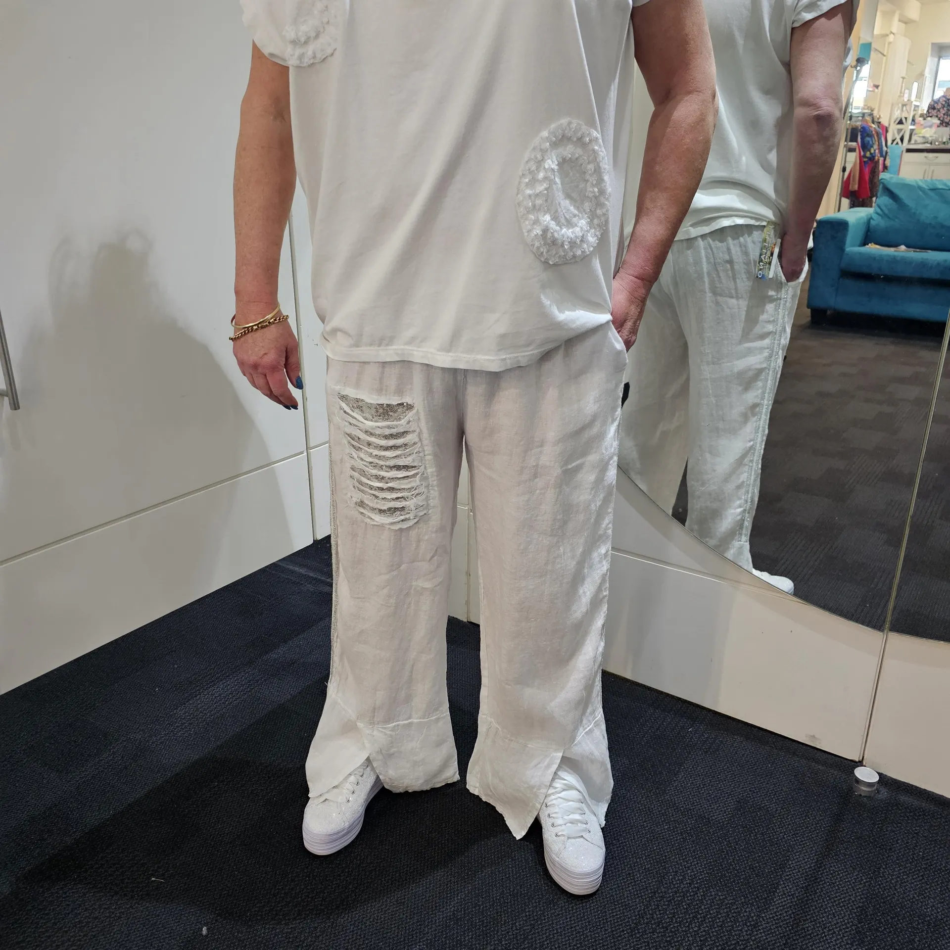 Sequin Slash Linen Pants White