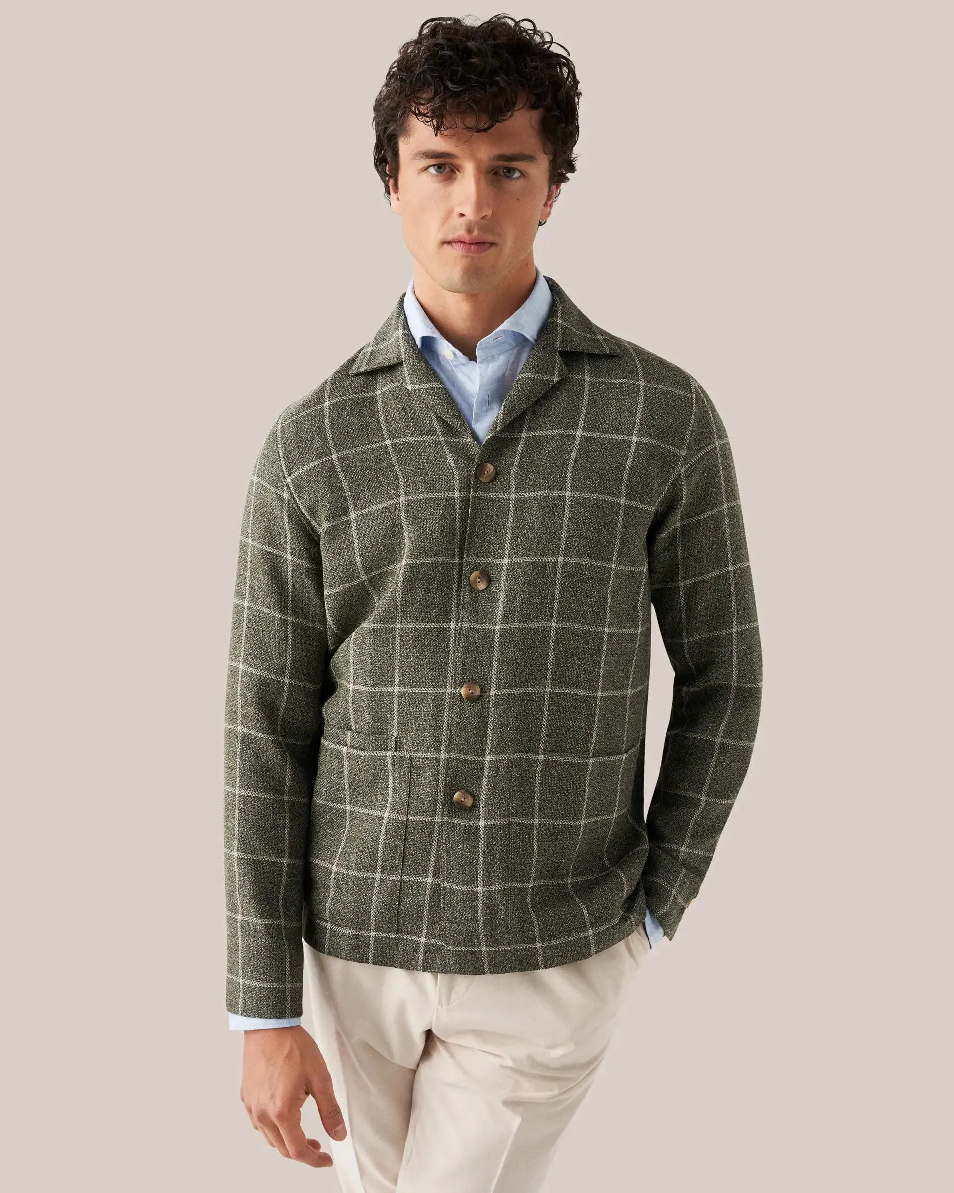 Dark Green Checked Wool-Silk-Linen Hopsack Overshirt