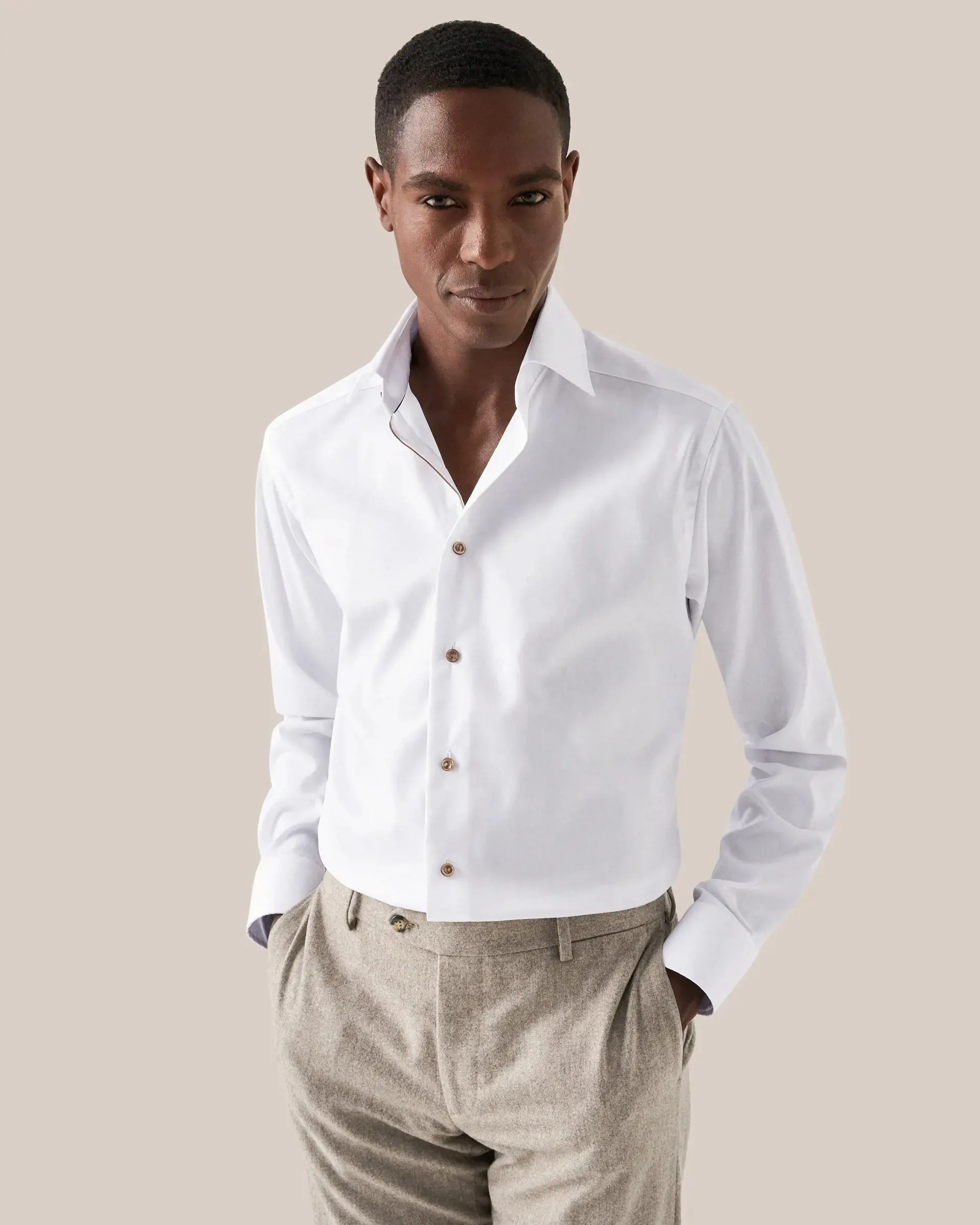 White Signature Twill Shirt - Brown Contrast Details