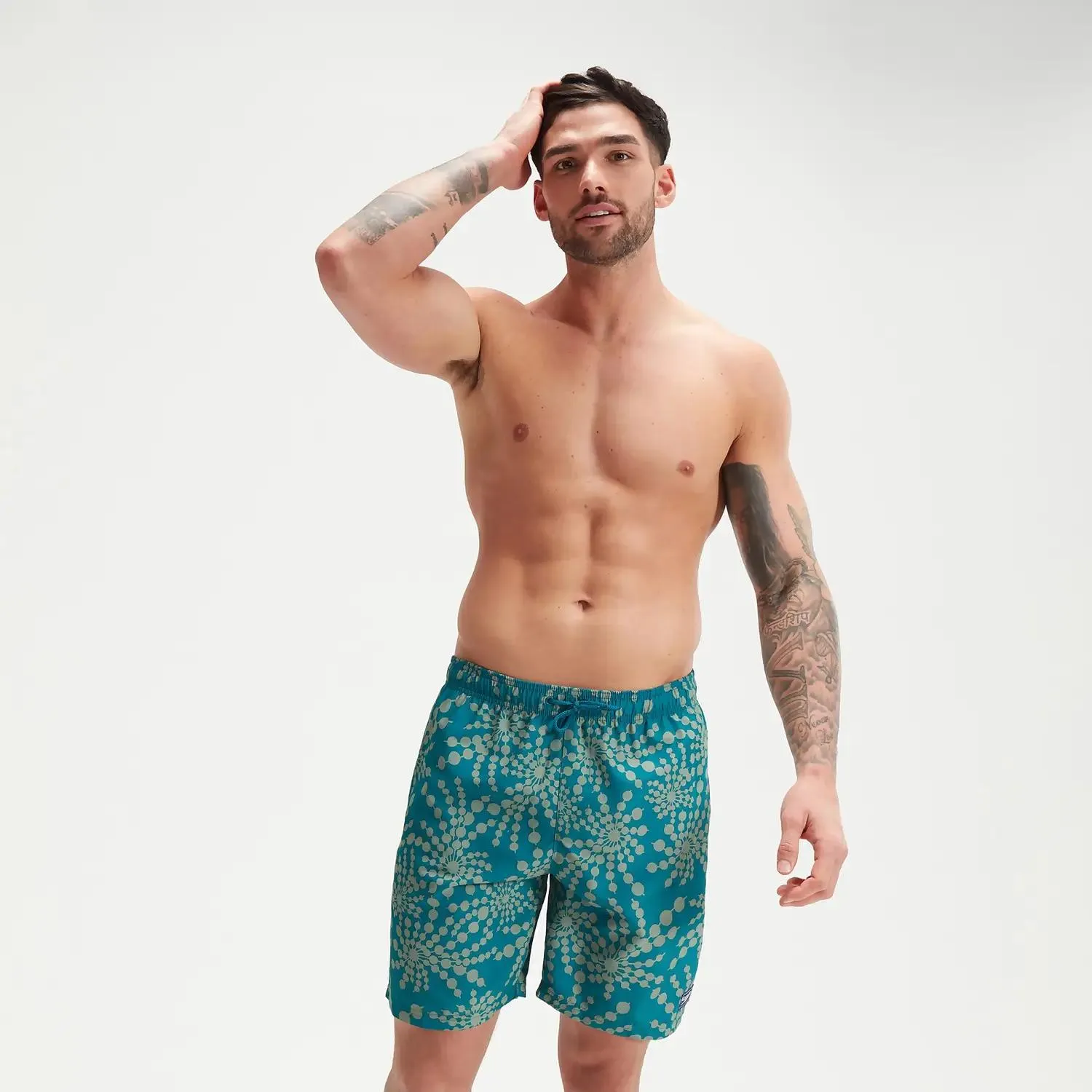 Bañador tipo bermuda Leisure estampado de 45 cm para hombre, verde/azul