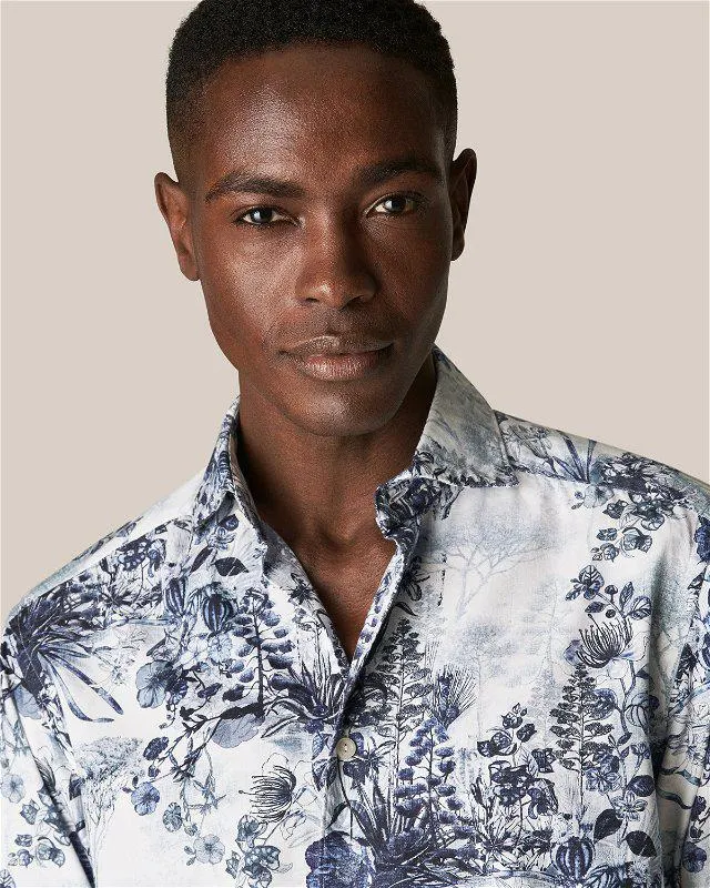 Navy floral print slim fit blå skjorte