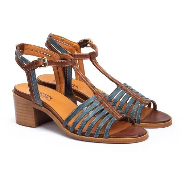 sandalias de tacón ancho con tiras bicolor