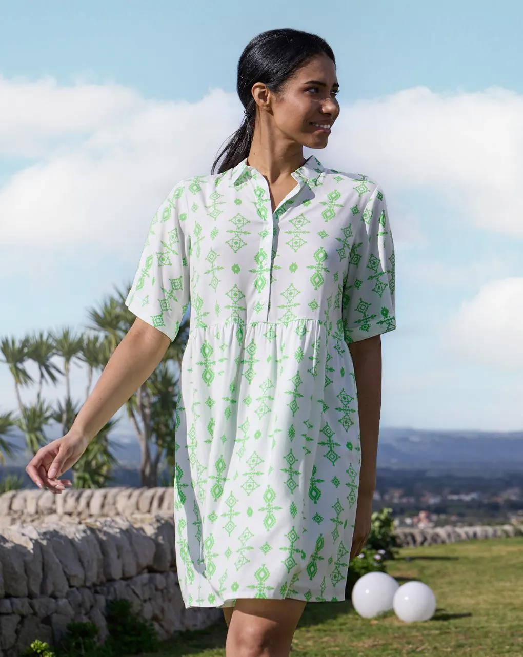 Γυναικείο φόρεμα εγκυμοσύνης/θηλασμού λευκό με έθνικ μοτίβο πράσινο