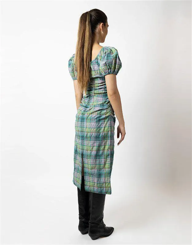 Seersucker Check Gathered U-neck Midi Dress Lagoon