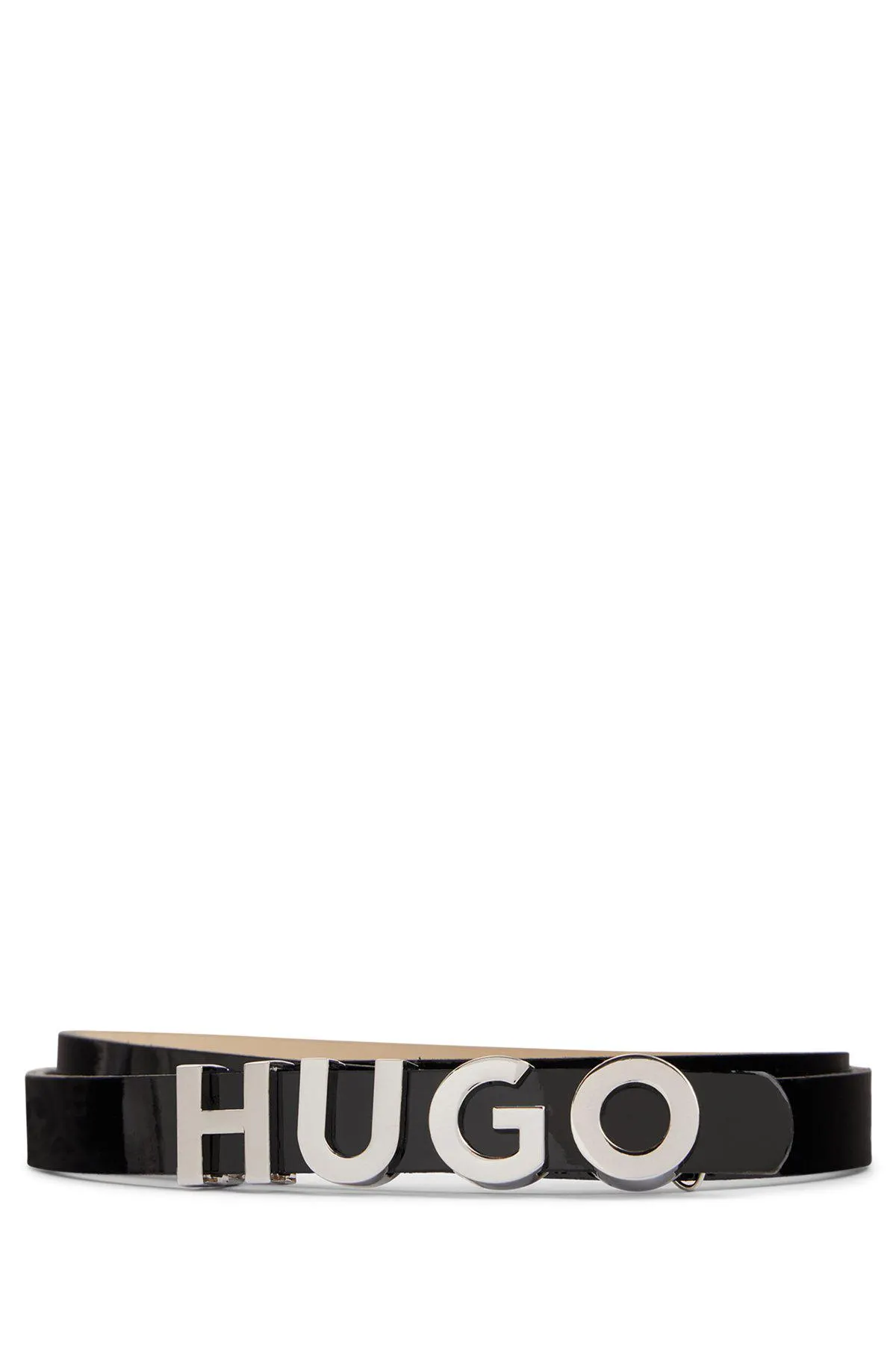 Patent-leather belt with logo hardware closure