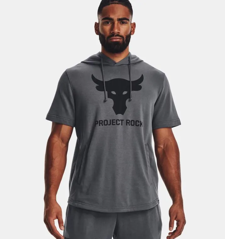 Under Armour® Mens Project Rock Terry Short Sleeve Hoodie Pitch Grey/Black