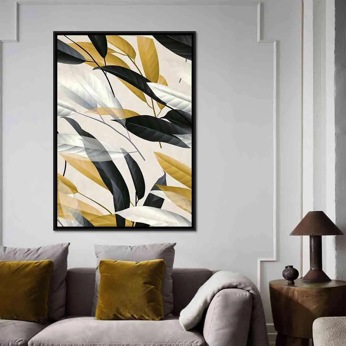 Canvas Black Gold White Leaf