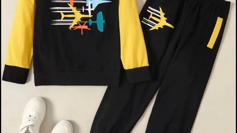 Boys Plane print cartoon Top and pant sets