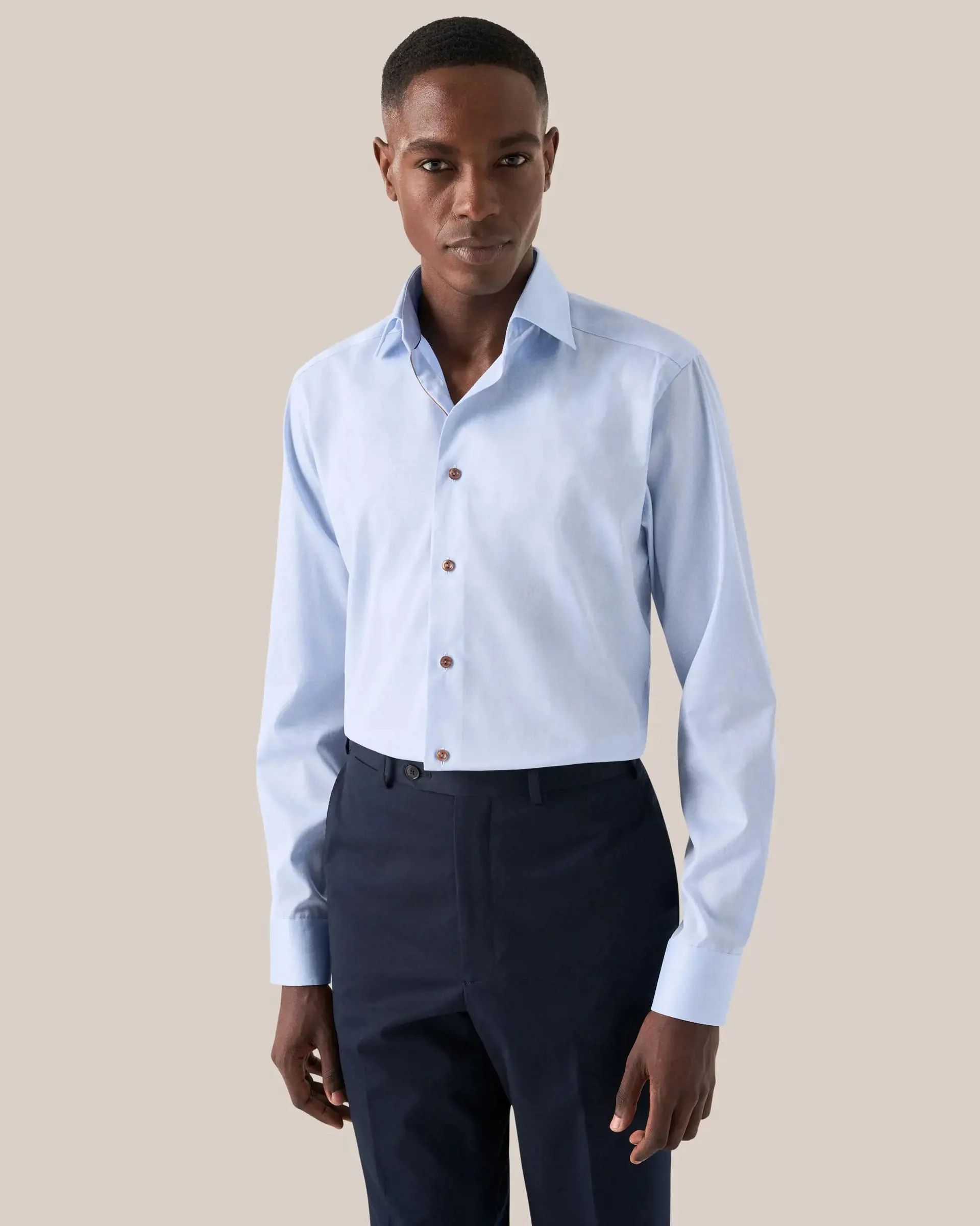 Light Blue Signature Twill Shirt - Brown Contrast Details