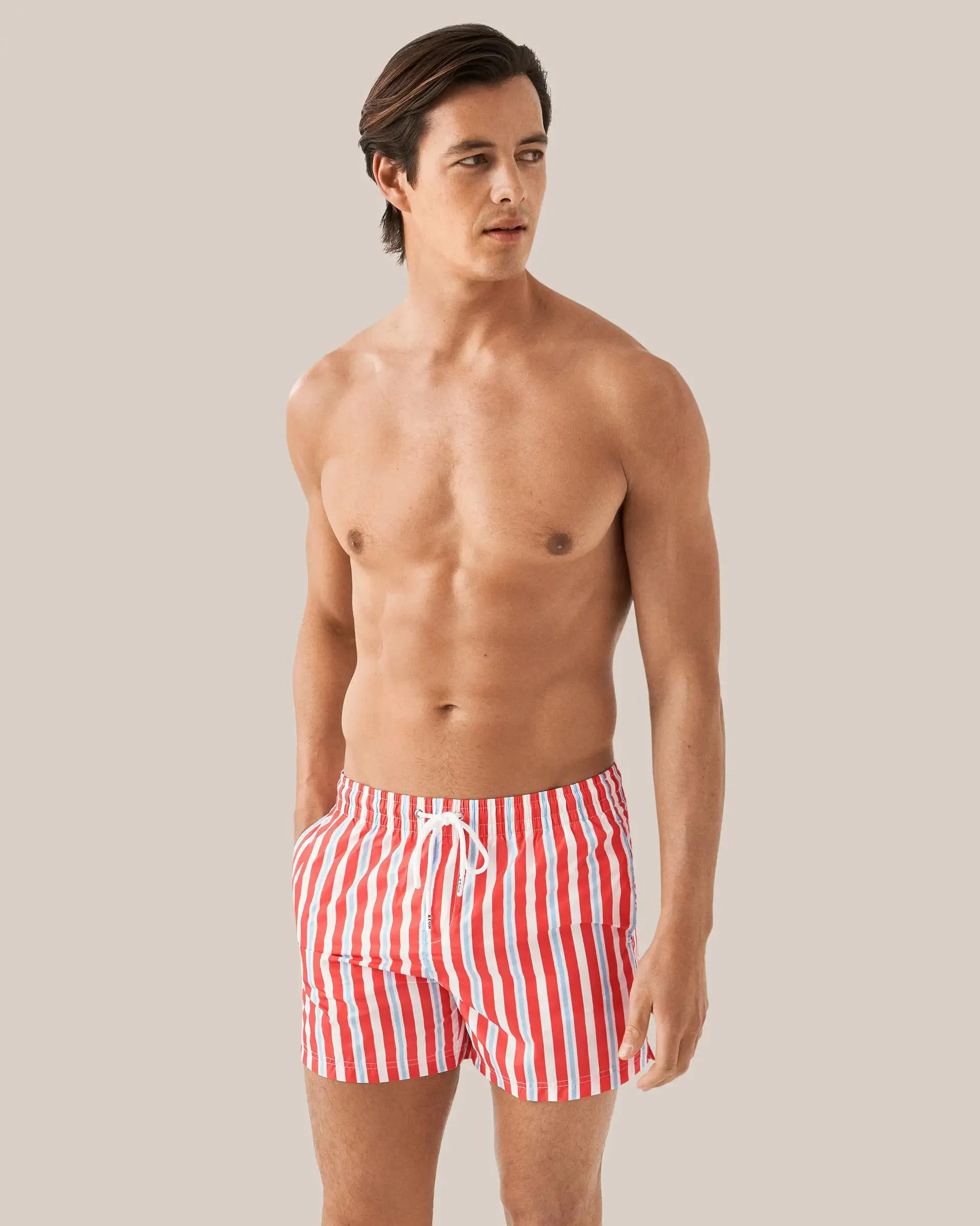 Red Retro Striped Swim Shorts