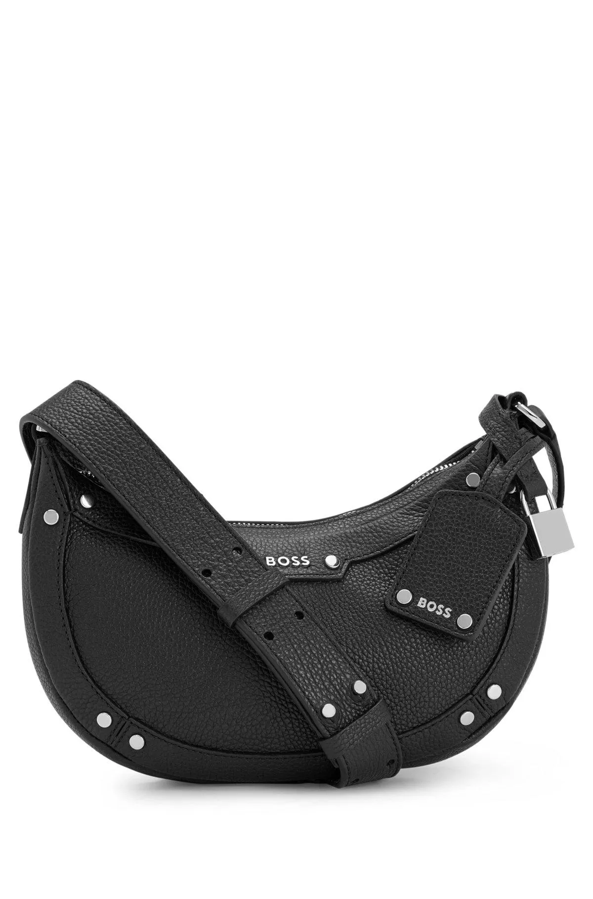 Leather hobo bag with padlock and metal rivets