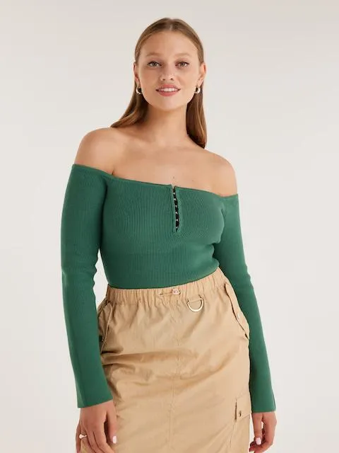 Off Shoulder Hook & Eye Knit