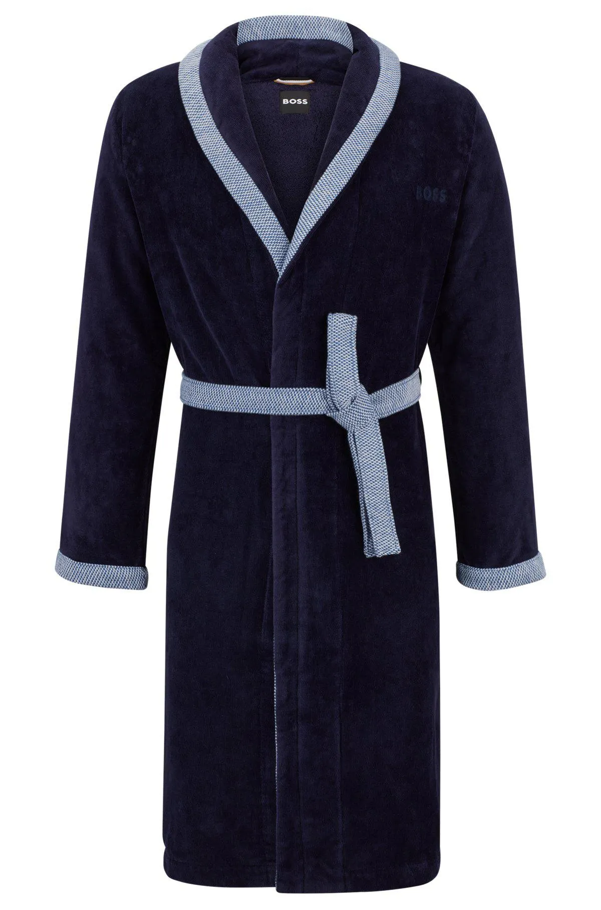 Navy cotton-velvet dressing gown with embroidered logo