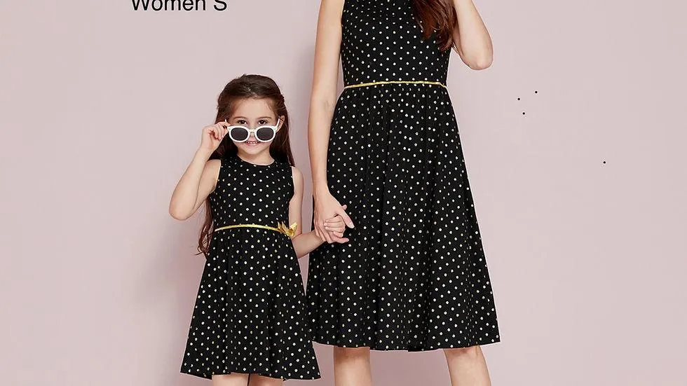 100% Cotton Golden Polka dots Print Mom and Daughters Machine set