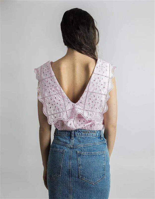 Broderie Anglaise Rhythm Collar Top Pink Tulle