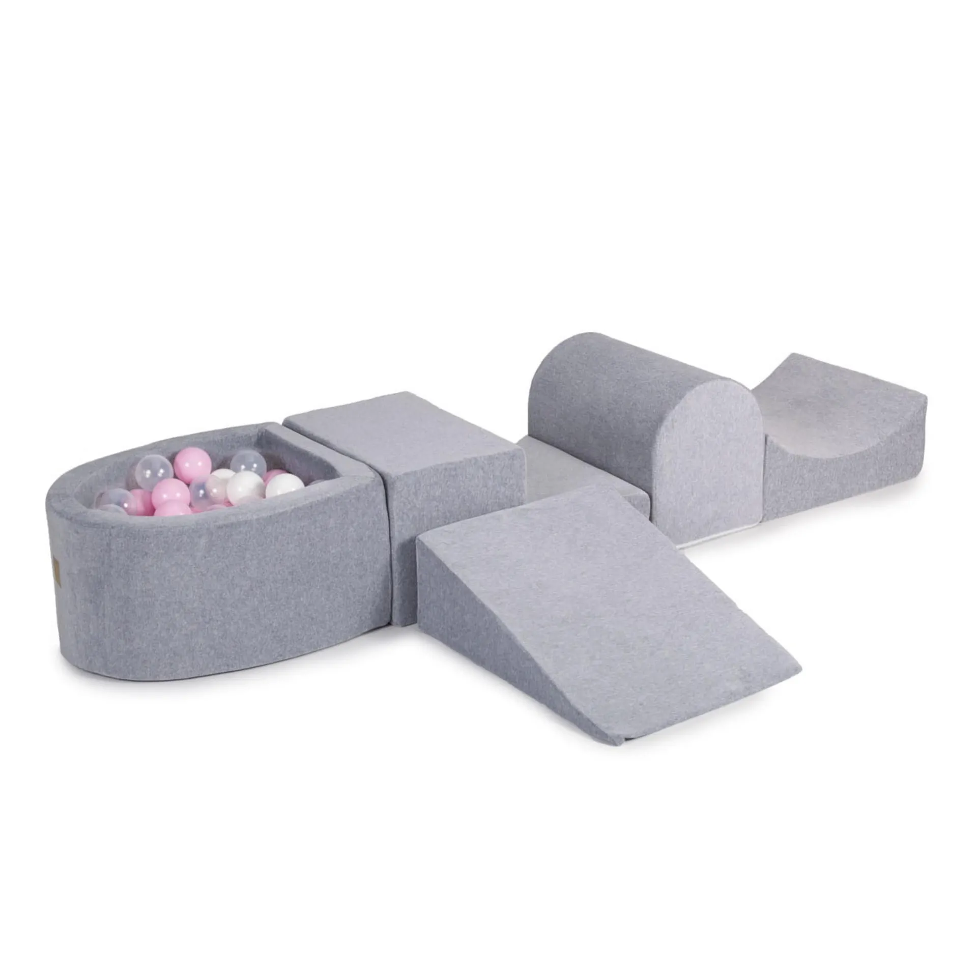 Velvet Grey Soft Play Set With Mini Ball Pit - 100 Pink, Transparent, White Balls