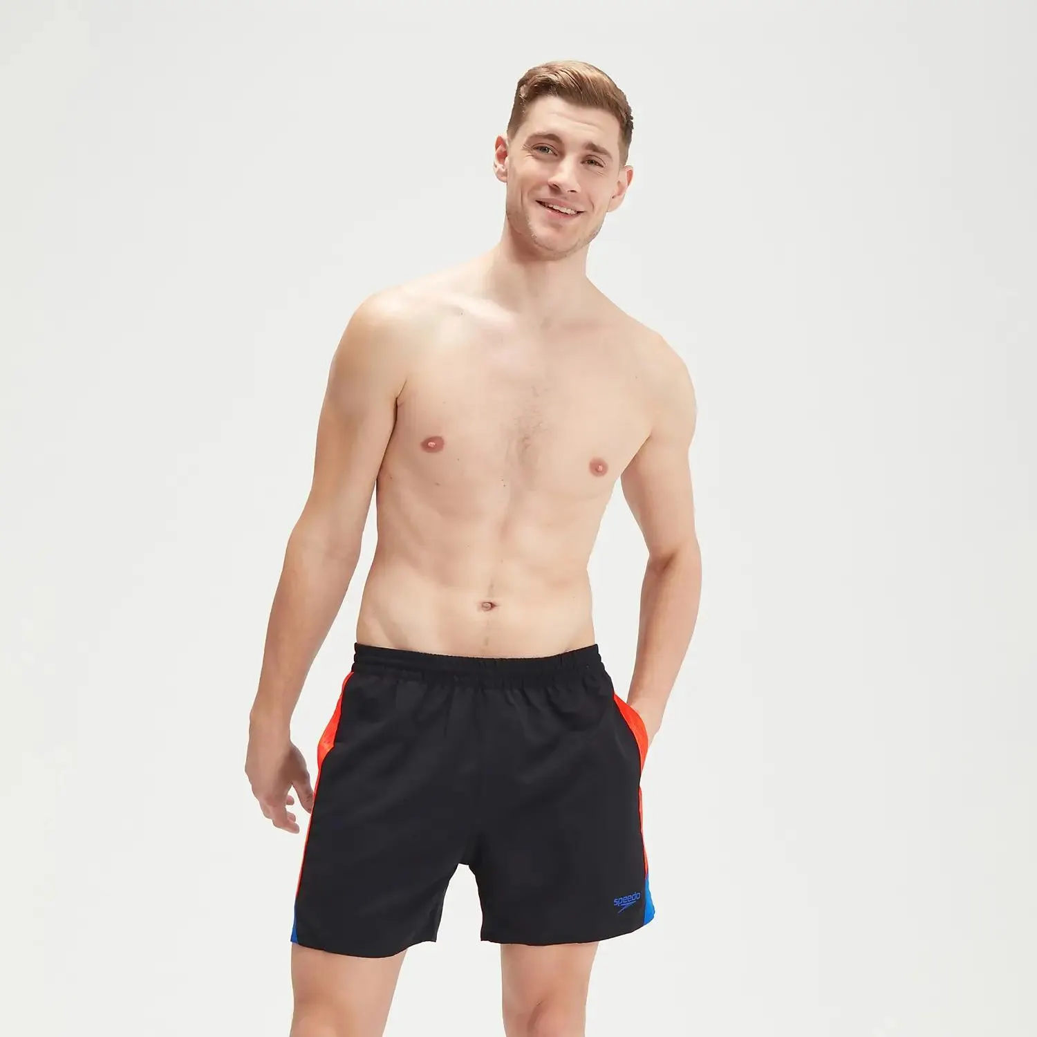 Bañador tipo bermuda HyperBoom de 40 cm con estampado de contraste para hombre, negro/naranja