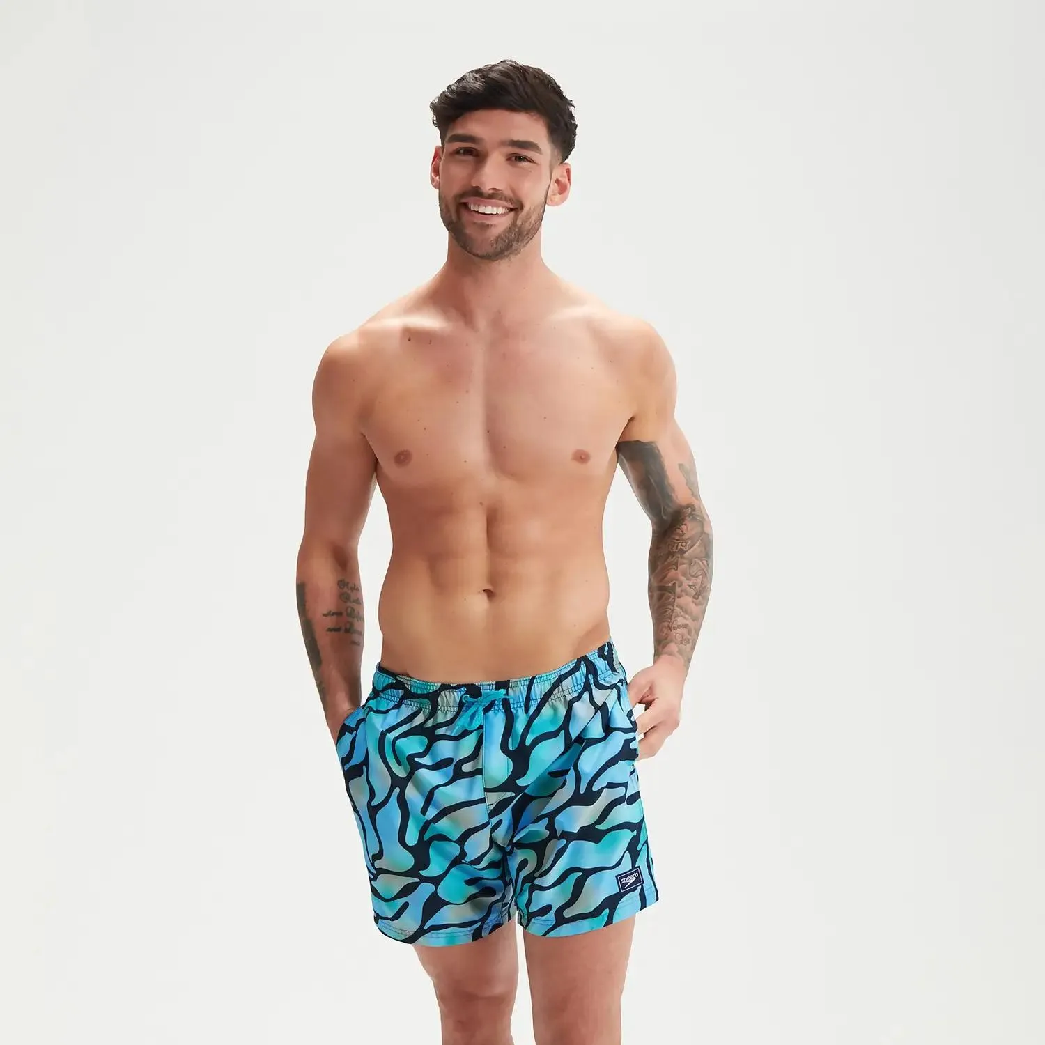 Bañador tipo bermuda Leisure de 40 cm con impresión digital para hombre, azul/verde