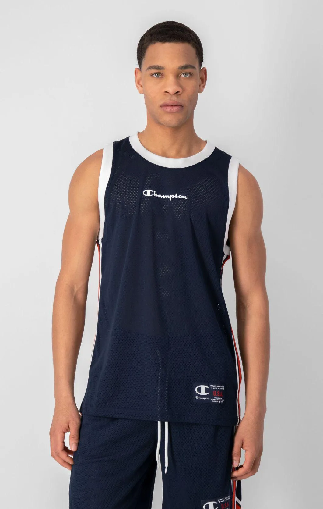Dark Blue Camiseta de baloncesto de malla con detalle de raya