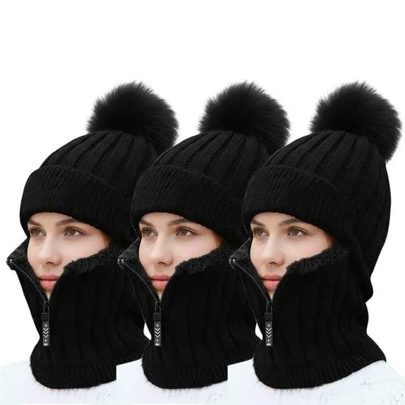 BYXAS 3 Pack 3 in 1 Beanie Hat for Women, 2025 Upgrade Women's Knitted Hat in Autumn and Winter, Warm Winter Hat for Cold Weather(Black)