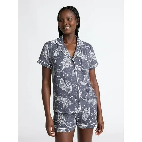 Joyspun Women’s Dreamy Soft Collection Notch Collar Knit Top and Boxer Shorts Pajama Set, Sizes XS-3X