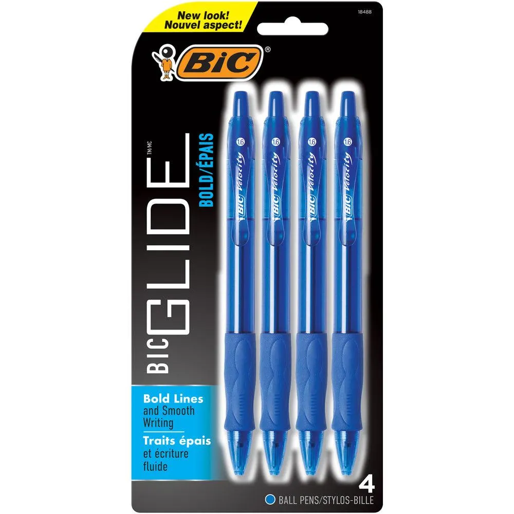 BIC − Stylo à bille rétractable Glide Bold, 1,6 mm, Encre bleu, Paquet de 4