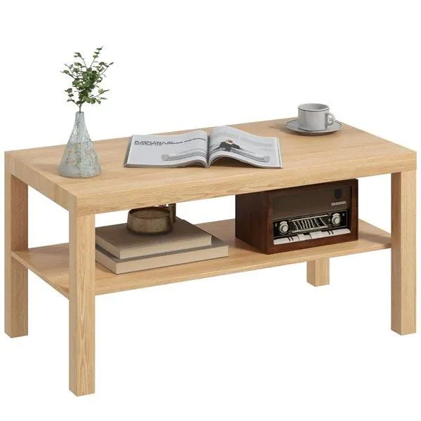 Table basse à 2 niveaux par HOMCOM 35,4 l. x 17,7 p. x 17,5 po h. aspect bois naturel avec étagère de rangement
