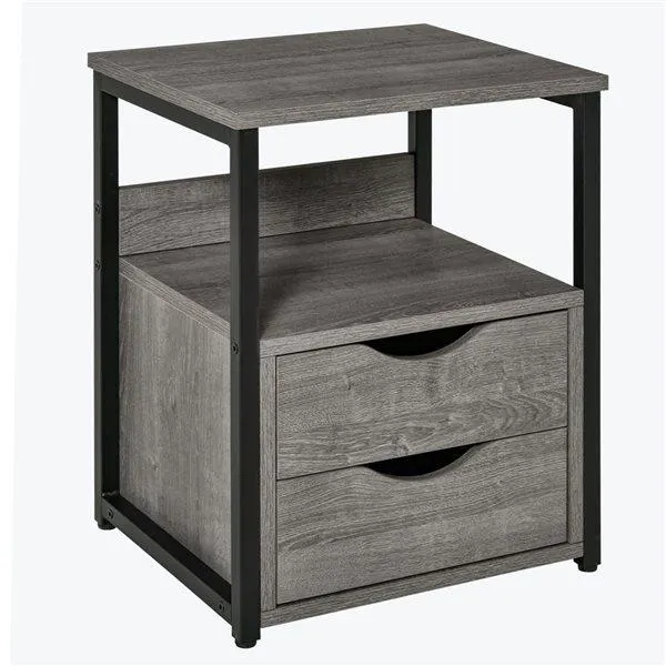 Table d'appoint/de nuit HOMCOM en métal noir/composite gris, 16 l. x 14 p. x 19 po h., avec 2 tiroirs et une étagère