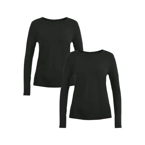 Time and Tru Women's Cotton Crewneck Tee with Long Sleeves, 2-Pack, Sizes XS-XXXL