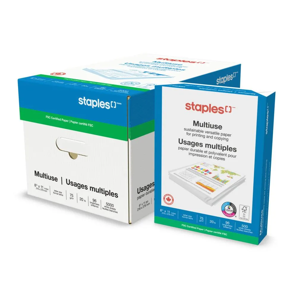 Papier à copies Staples certifié FSC, 20 lb, 8,5 x 11 po, blanc, 5 000 feuilles