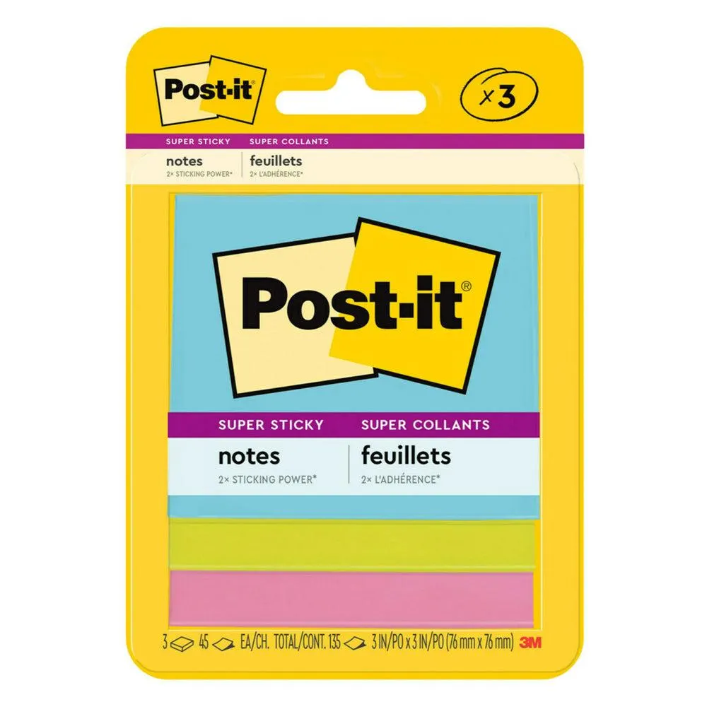 Post-it - Feuillets super collants, collection Éclat de lumière, 3 po x 3 po, 45 feuillets/bloc, 135 feuilles, paquet de 3