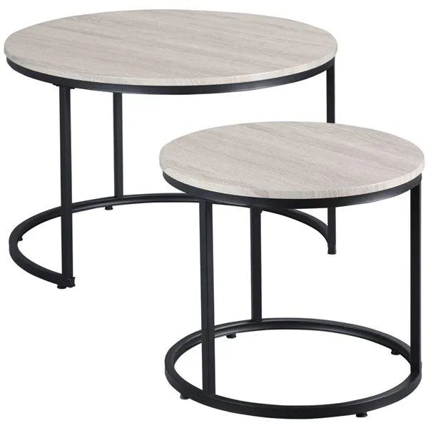 Tables basses gigognes rondes par HOMCOM en métal noir et MDF gris, ensemble de 2