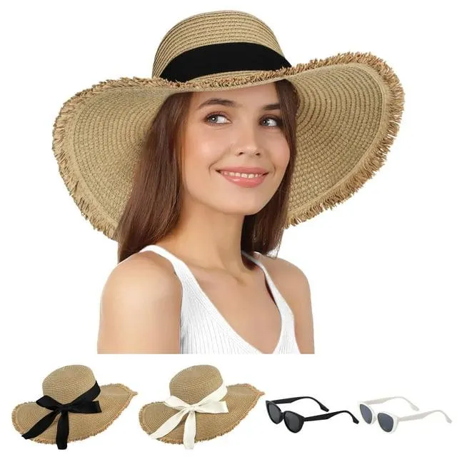 AEDAMURRA Women Straw Hats Wide Brim Beach Hats for Women, Floppy UPF 50+ Soft Sun Hats for Women with Sun Glasses Ribbon Khaki