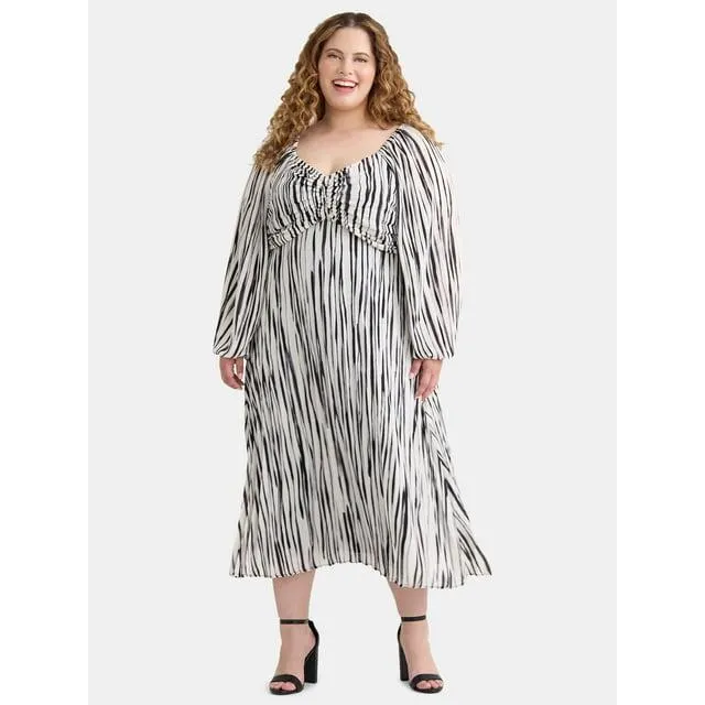 Terra & Sky Women's Plus Pleated Midi Dress with Sweetheart Neck, Sizes 0X-4X