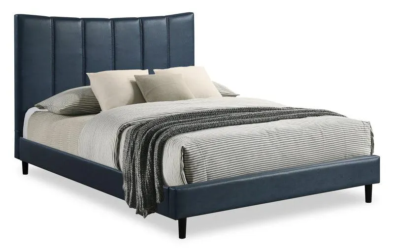 Lit plateforme rembourré Paseo en tissu de cuir végétalien bleu marine - format grand lit